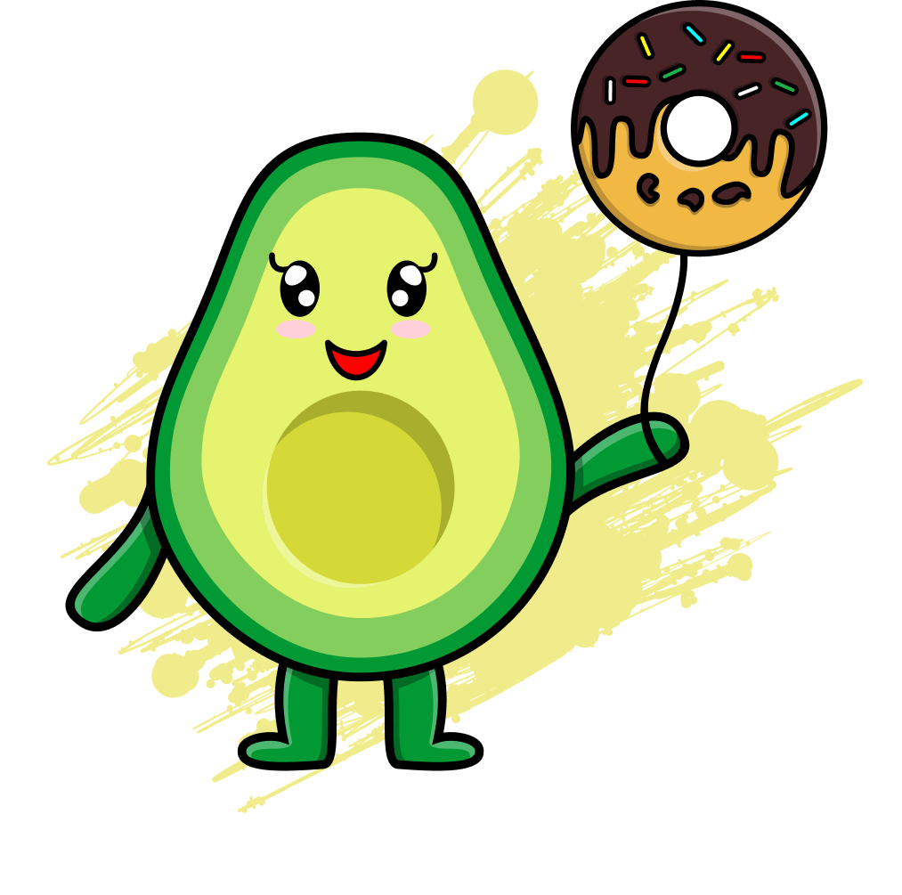 A happy avocado holding a donut ballon